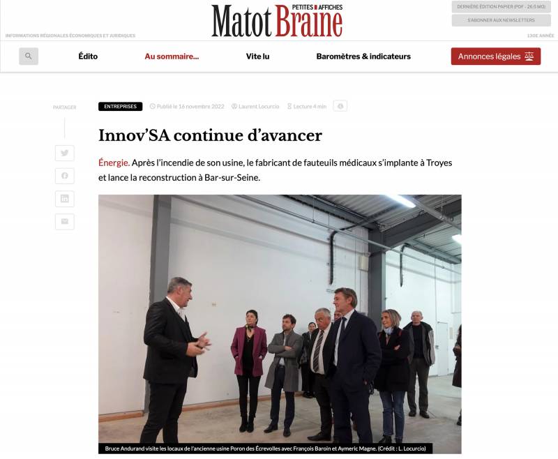 INNOV'SA continue d'avancer : Bruce Andurand visite les locaux de l’ancienne usine Poron des Écrevolles avec François Baroin et Aymeric Magne